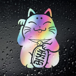 Lucky Cat Maneki Neko Chrome Oil Slick JDM Sticker - Drift Tengoku Japanese Car - Picture 1 of 3