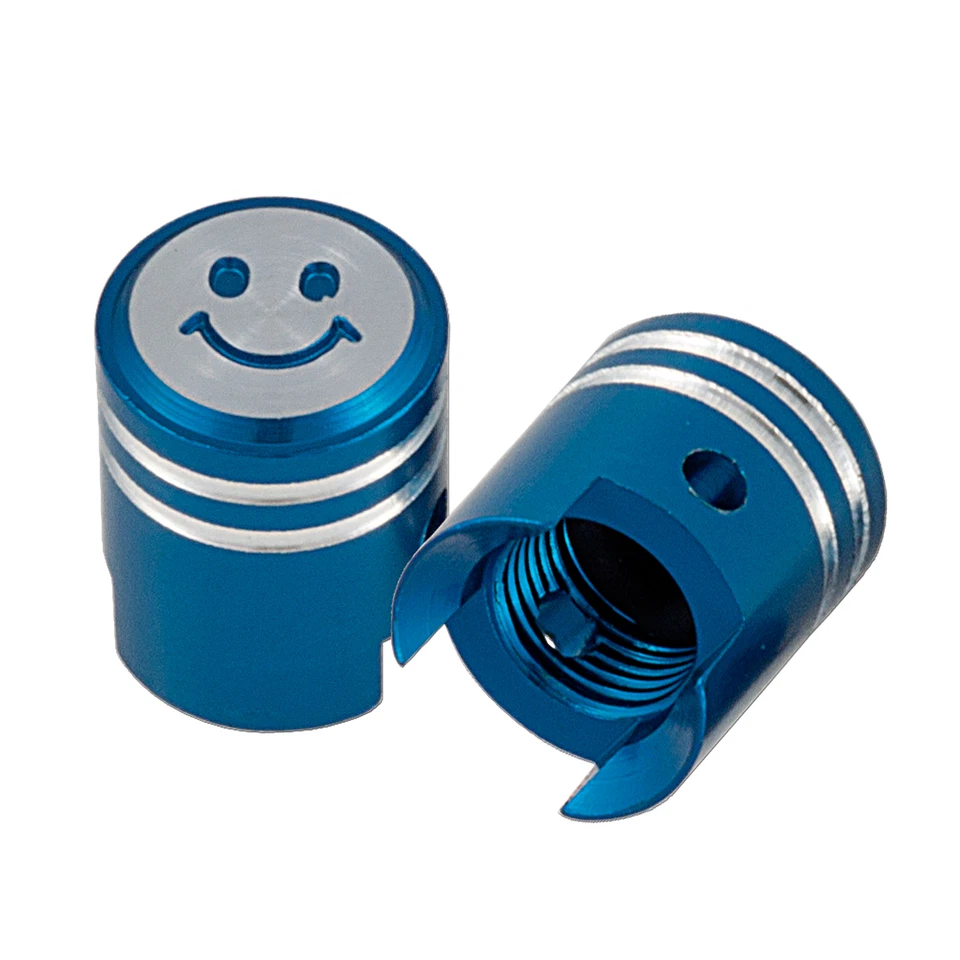 2x Blue CNC Tire Valve Stem Smiley Dust Caps Pistons Gsx-r CBR Ninja ZX R1 R6
