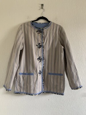 Koos Of Course Linen Blend Reversible Jacket Small Blue Ivory Button Up Pockets - Image 1 of 4