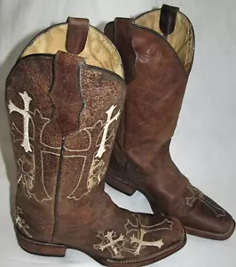 Stivali da cowboy Circle G Corral Cross in pelle marrone con ricamo a croce da donna taglia 7 5042 - Foto 1 di 12