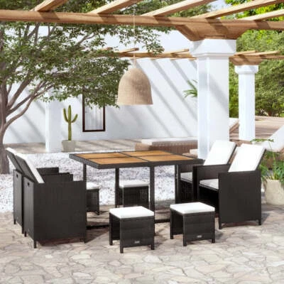 9 Piece Patio Dining Set Poly Rattan and Acacia Wood Black - Image 1 of 4
