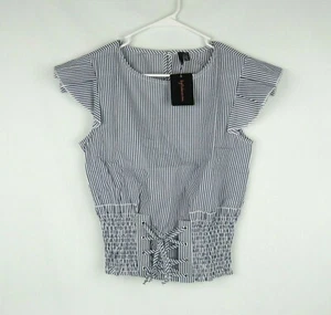 Blusa para mujer Big Strike EE. UU. a rayas manga gorra talla mediana - azul/crema - Imagen 1 de 4