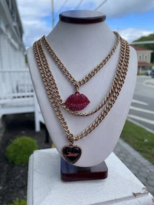 Juicy Couture Layered Chain Lips Black Heart Logo Necklace - Picture 1 of 7