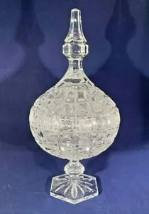 Vintage Olympia große handgeschliffene Bleikristall Standfuß Süßigkeitenschale mit Fuß und Deckel 12,5" hoch - Bild 1 von 10
