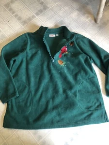 Quacker Factory Rhinestone Zip Christmas Green Fleece Jacket Cardinal ~ QVC 1X - Picture 1 of 4