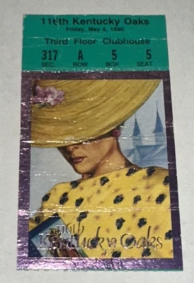 Boleto de carrera de caballos Kentucky Oaks tercer piso casa club atracción costera 1990 Foto 1 de 2