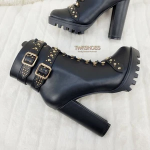Botas al tobillo Hailey con cordones dorados tacones gruesos de 4,5" 6-11 negras - Imagen 1 de 12