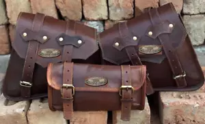Leather Motorcycle Saddle Bag 3 Brown Side Panniers Luggage Saddlebags Tool Bags - Picture 1 of 9