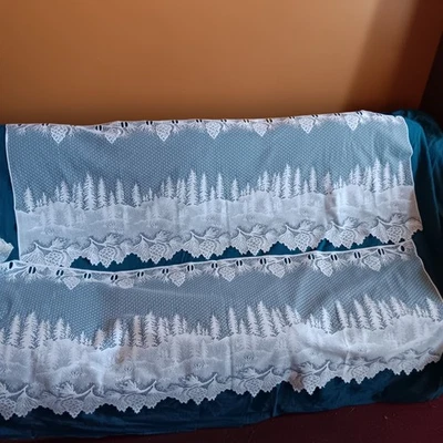 Set 3 Vtg Mantle Scarf Pinecone Pine Trees 22x60” White Heritage Lace Cabin - Image 1 of 4