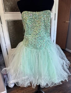 Mori Lee Satin Tulle Jeweled Sequin Formal Dress SZ 24 Mint Green Strapless Hoco - Picture 1 of 17