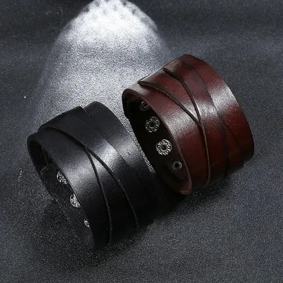 Pulsera de cuero marrón negro para hombre tejida correa ancha ajustable joyería de uso audaz Foto 1 de 4