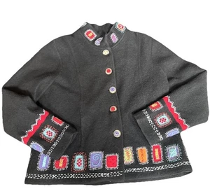 Isländisches Design Vintage 100% Wolle Damen Knopf Schwarz Abstrakt Strickjacke L Gefüttert - Bild 1 von 11