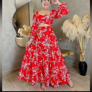 Nuevo- Maxi Vestido Talla Pequeña Estampado Floral Rojo Blanco Corbata en la espalda - Imagen 1 de 12