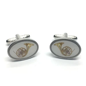 Enamelled French Horn oval silver-plated torpedo cufflinks in padded gift box - Picture 1 of 1