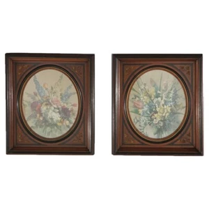 Pair of Deep Walnut Ebonized, Incised & Gilt Frames Housing Floral Prints C1890 - Picture 1 of 16