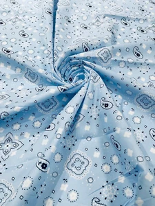 Lt Blue Premium Bandanna Print  Poly Cotton Fabric Sold By The Yard. - Picture 1 of 1