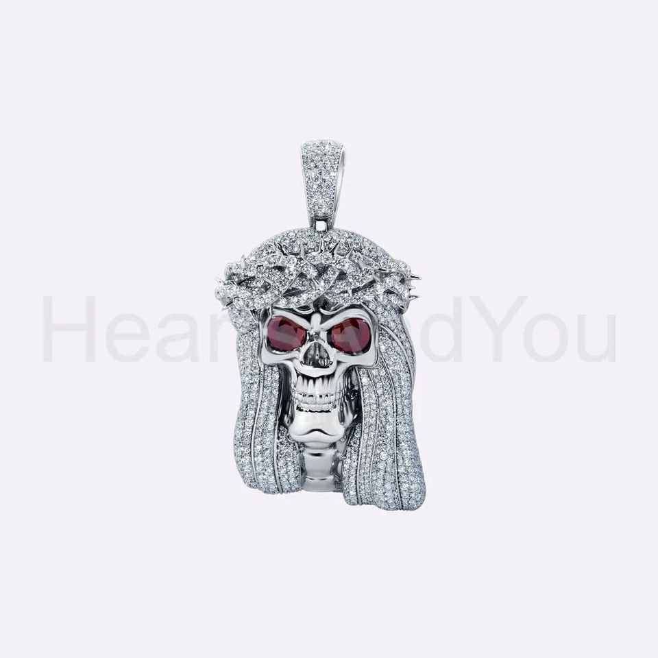2ct Round Cut Moissanite Skull Jesus Men Pendant 14k White Gold Plated NO CHAIN - Image 1 of 1