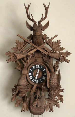 HUGE GERMAN Hand Carved Wood BLACK FOREST Hunter Double CUCKOO Musical CLOCK Cover
