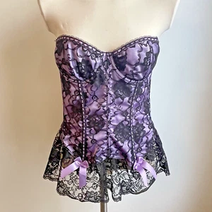 Vintage Fredericks of Hollywood Bustier Corset Purple Black Lace Bows 38 Medium - Picture 1 of 7