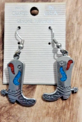 SW 92 RED CORAL & BLUE TURQUOISE INLAY PEWTER HANDMADE COWBOY BOOTS EARRINGS - Image 1 of 3