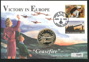 1995 Victory in Europe Coin FDC - 5 Crowns Coin & Grand Turk Pmk - Picture 1 of 1