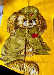 Vintage Unused Linen Tea Towel, Pekinese Dog In Chinese Communist Uniform - Picture 1 of 5