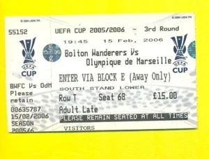 Boleto Bolton Wanderers Inglaterra - Marsella Francia Copa UEFA 2005-2006 - Imagen 1 de 1