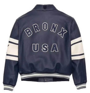 Men's Avirex Blue Bronx American Flight Real Sheep Skin Leather Bomber Jacket - Picture 1 of 3