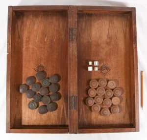 Antique Backgammon Board Game w 29 Mismatched Draughts, Inlaid Wood - Picture 1 of 14