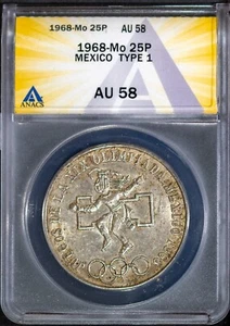 1968-Mo 25 Pesos Mexican Fire Dancer Type 1 AU 58 ANACS # 7649173 + Bonus - Picture 1 of 2