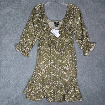 Angie Dress XL Olive Green Floral Ruffle Smocked 3/4 Sleeve Sweetheart Mini - Image 1 of 4