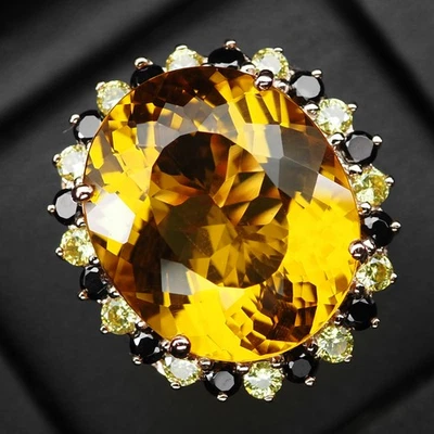 生动黄色黄水晶椭圆形21.70克拉925纯银手工玫瑰金戒指 — 第 1/4 张图片