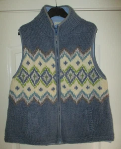 PACHAMAMA BLUE MIX HAND KNITTED GILET FLEECE LINED SIZE L 14-16 100% WOOL - Picture 1 of 4