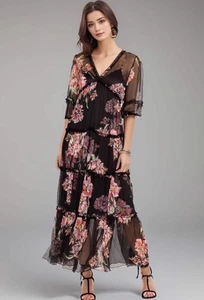 ๐$490 JOHNNY WAS SZ MEDIUM LIZZY RUFFLE PINK FLORAL BLACK SILK MAXI DRESS NEW - Picture 1 of 4