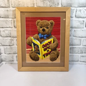 Vintage Framed Hand Embroidered Crewel Teddy Bear with Book 12" x 15" - Picture 1 of 9