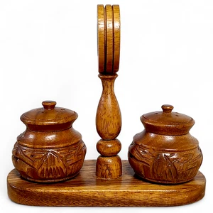 Vintage S.C. Vizcarra Wooden Salt & Pepper Shaker Set w/ Holder 5.5" - Picture 1 of 6