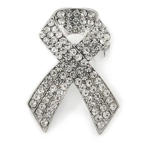 Clear Crystal Breast Cancer Awareness Ribbon Lapel Pin In Rhodium Plating - - Picture 1 of 4