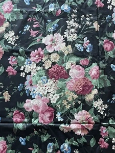 Vintage 9.5 Yards Fabric Black Chintz Cotton 43" Joan Kessler Concord Floral - Picture 1 of 5