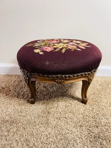 Circa 1900 Antique Hand Carved Needlepoint Oval Footstool Floral - Picture 1 of 13