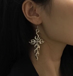 Women Halloween Fire Flame Cross Dangle Gothic Earrings - Picture 1 of 1