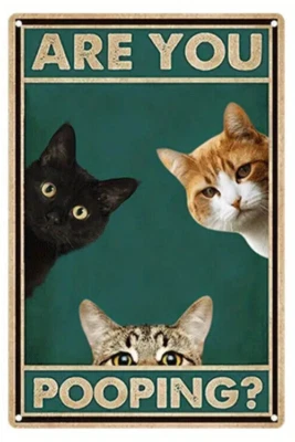 ¿ESTÁS HACIENDO CACA? Letrero de hojalata gatos baño divertido inodoro humor ¡OFERTA AYUDA GATOS PERROS! Foto 1 de 2