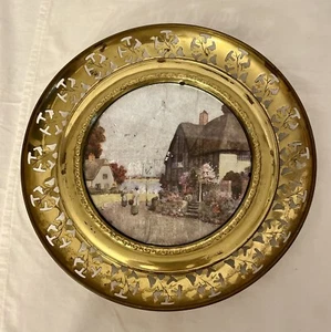 Vintage Solid Brass Wall Plaque w/Foil Print Town Scene -Made in England 10" - Picture 1 of 21