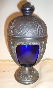 VINTAGE P.N.C.W. CAST METAL CHALICE/COMPOTE w/LID COBALT BLUE GLASS EGG INSERT - Picture 1 of 9