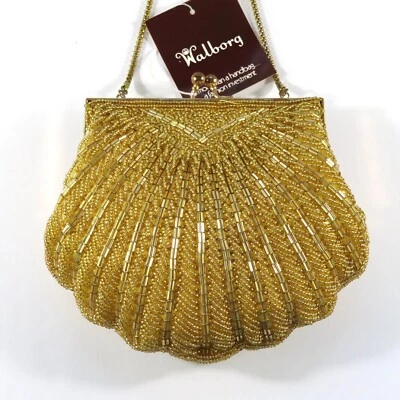Винтажный Walborg бисером сумка моллюск подкладка желтый новый с Ярлыками - Изображение 1 из 4
