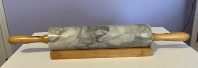 Vintage Gray White Marble Rolling Pin 18" overall Wood Handles & Rest - Image 1 of 4