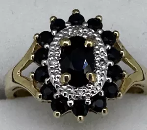 RING 9ct YELLOW GOLD SAPHIRE AND DIAMOND DRESS RING - Picture 1 of 12