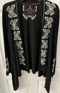 Johnny Was Floral Butterfly Embroidered Black Waterfall Cardigan Womens Medium - Picture 1 of 5
