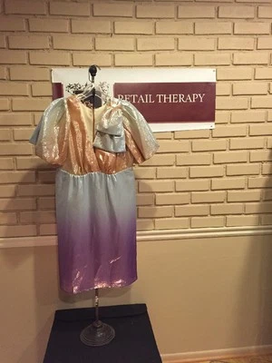 VOOM BY JOY HAN SHIMMERING GODDESS SZ LRG DRESS PUFF SL BOW SHOULDER BROWN PURPL - Image 1 of 4