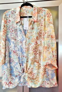 NWT Rose & Olive Plus 2X Multicolor 3/4 sleeve Button Down Blouse 28'' Long - Picture 1 of 2