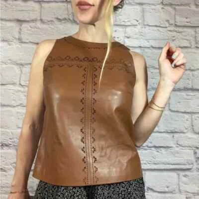 White House Black Market western style leather sleeveless blouse brown size 4 B6 - Image 1 of 4
